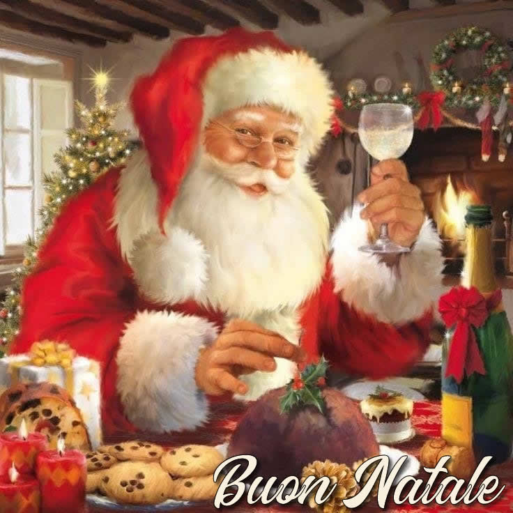 Immagine con  babbo natale paffuto e sorridente con un calice in mano che brinda con noi tra don e panettoni