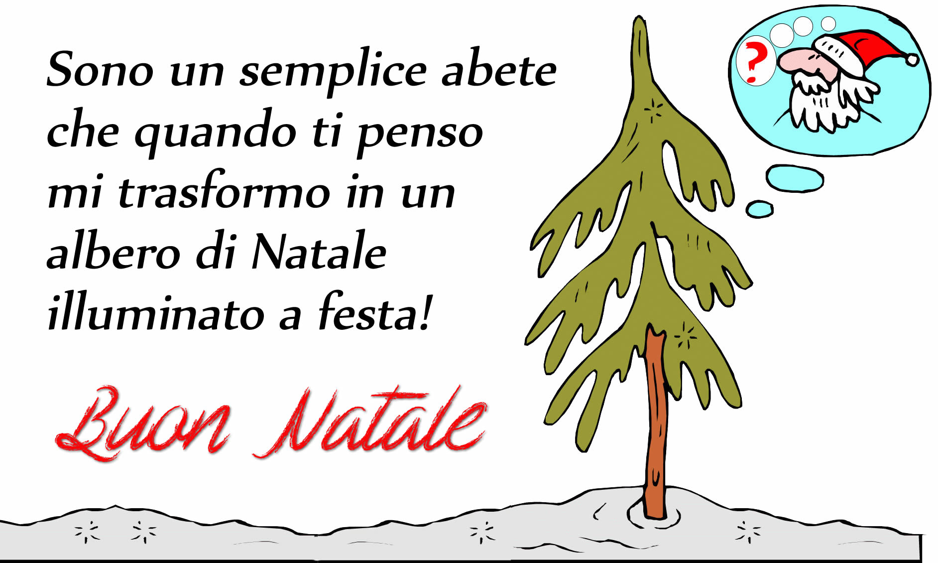 Immagine con frase di auguri: Sono un semplice abete che quando ti penso mi trasformo in un albero di Natale illuminato a festa!